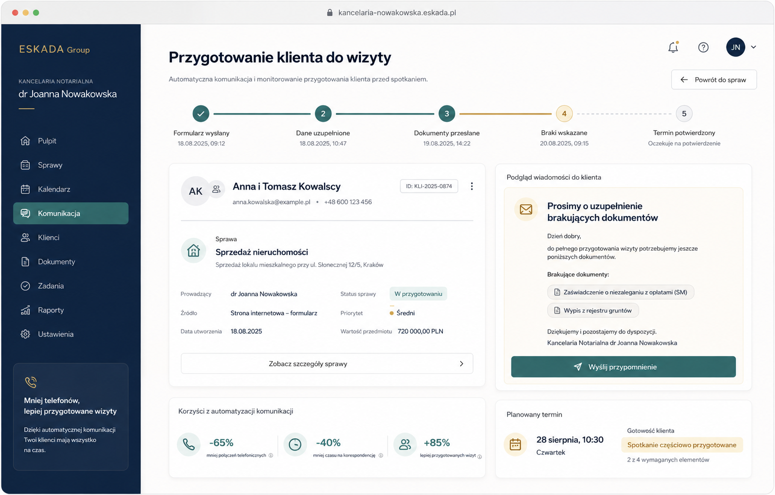 Panel komunikacji z klientem kancelarii z krokami przygotowania wizyty i podglądem wiadomości o brakujących dokumentach (grafika AI)