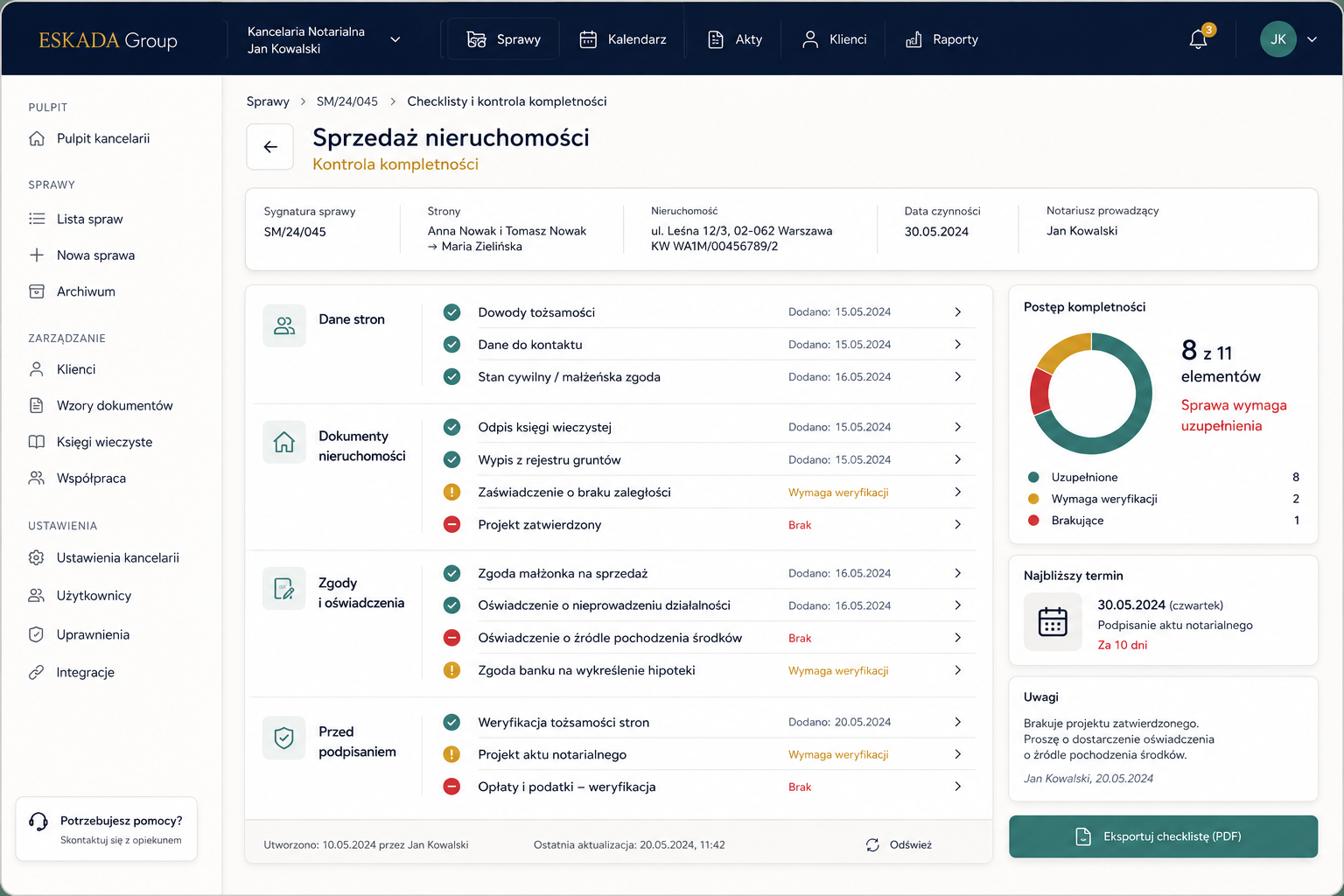 Panel kontroli kompletności sprawy notarialnej z checklistami dokumentów, brakami i postępem gotowości (grafika AI)