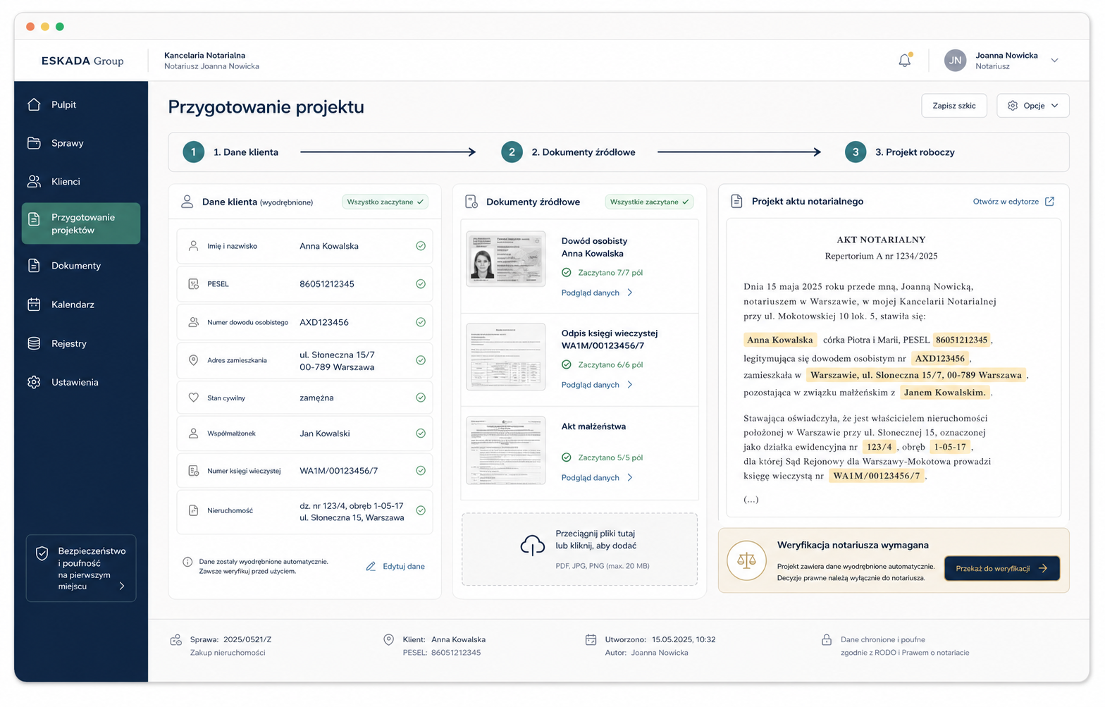 Panel przygotowania projektu aktu notarialnego z danymi klienta, dokumentami źródłowymi i projektem roboczym (grafika AI)